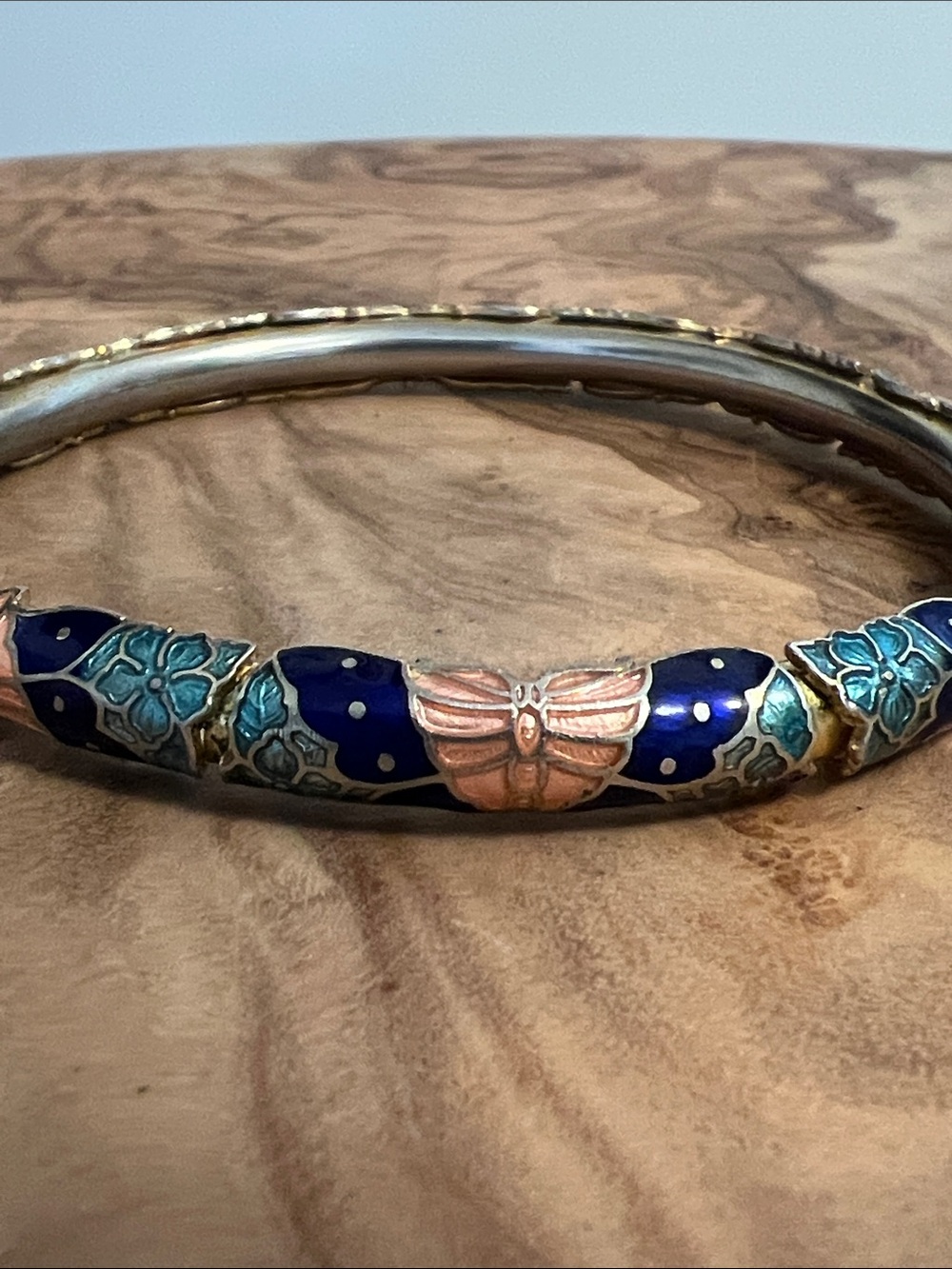 Vintage Cloisonne Butterfly Floral Bangle Bracelet - Blue, Teal, Pink 1970s